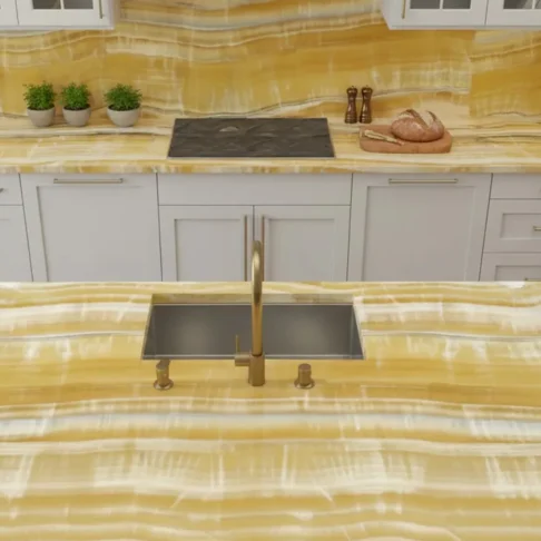 Столешница и остров из оникса Honey Onyx — медовая столешница в светлой кухне Фото 6