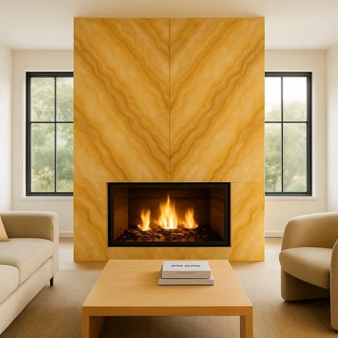Стеновые панели из оникса Honey Onyx — симметричный рисунок над камином Фото 3