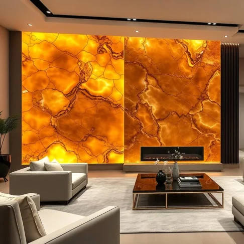 Стеновые панели из оникса Honey Onyx — подсвеченная стена в гостиной Фото 6