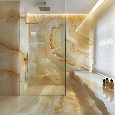 Стеновые панели из оникса Honey Onyx — облицовка стен душевой Фото 9